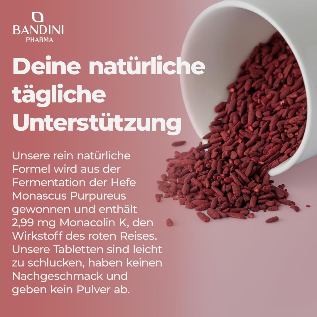 Grains de riz rouge sortant d'un bol blanc. Texte: Monascus purpureus, 2,99 mg Monacolin K. Description des comprimés.