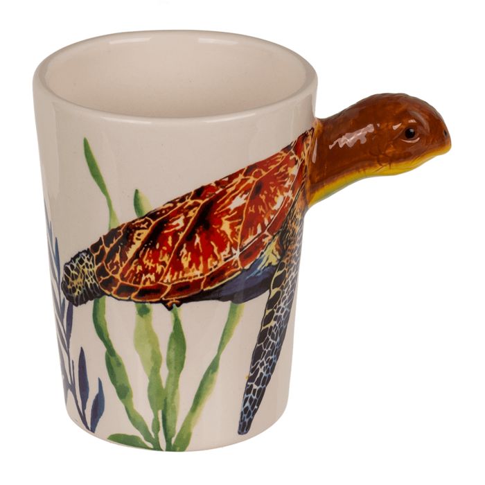 Beker met schildpadhandvat. Wit, met onderwaterdecor en bruine schildpad als handvat. OOTB Becher Tartaruga.