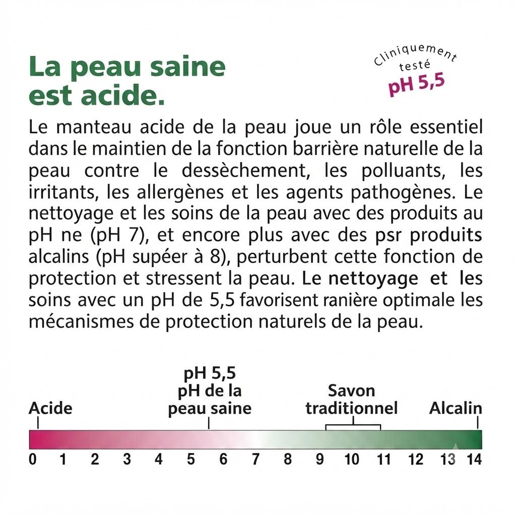 Graphique expliquant le manteau acide de la peau avec échelle de pH.