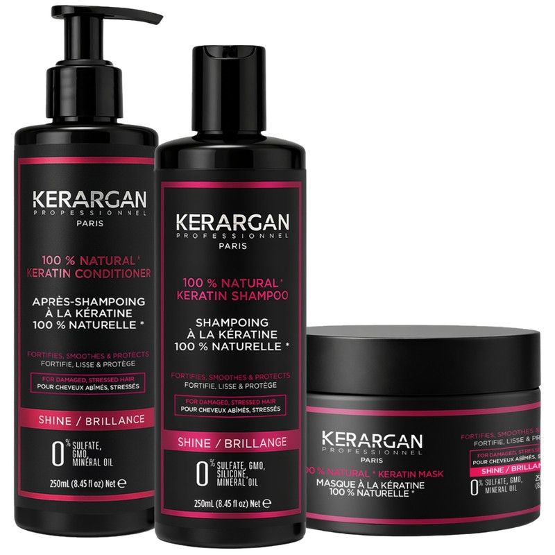Drie zwarte flessen en een pot. Opschrift: Kerargan, 100% Natural Keratin. Shampoo, conditioner en masker. Roze accenten.