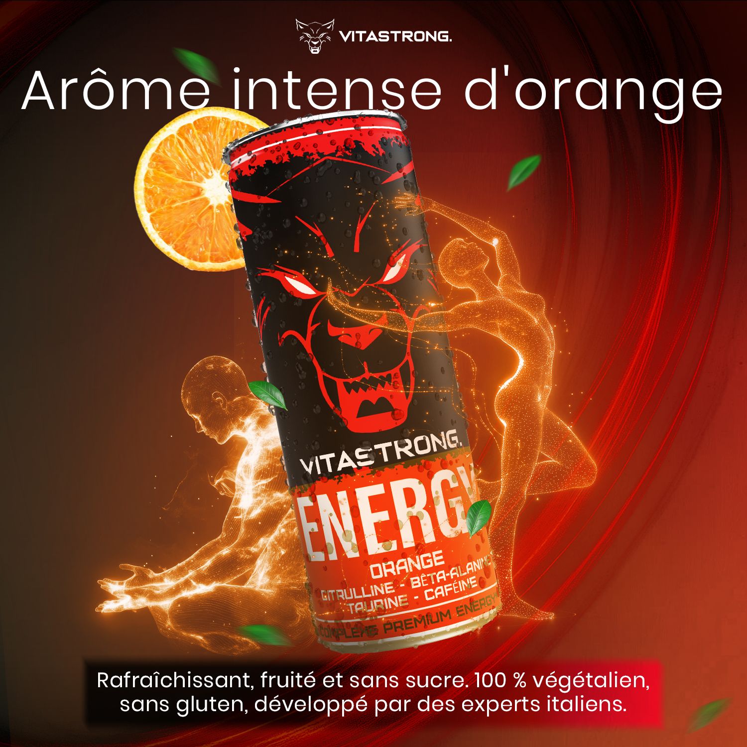 Canette Vitastrong Energy Orange. Image avec orange et figures. Texte: Arôme intense d'orange.