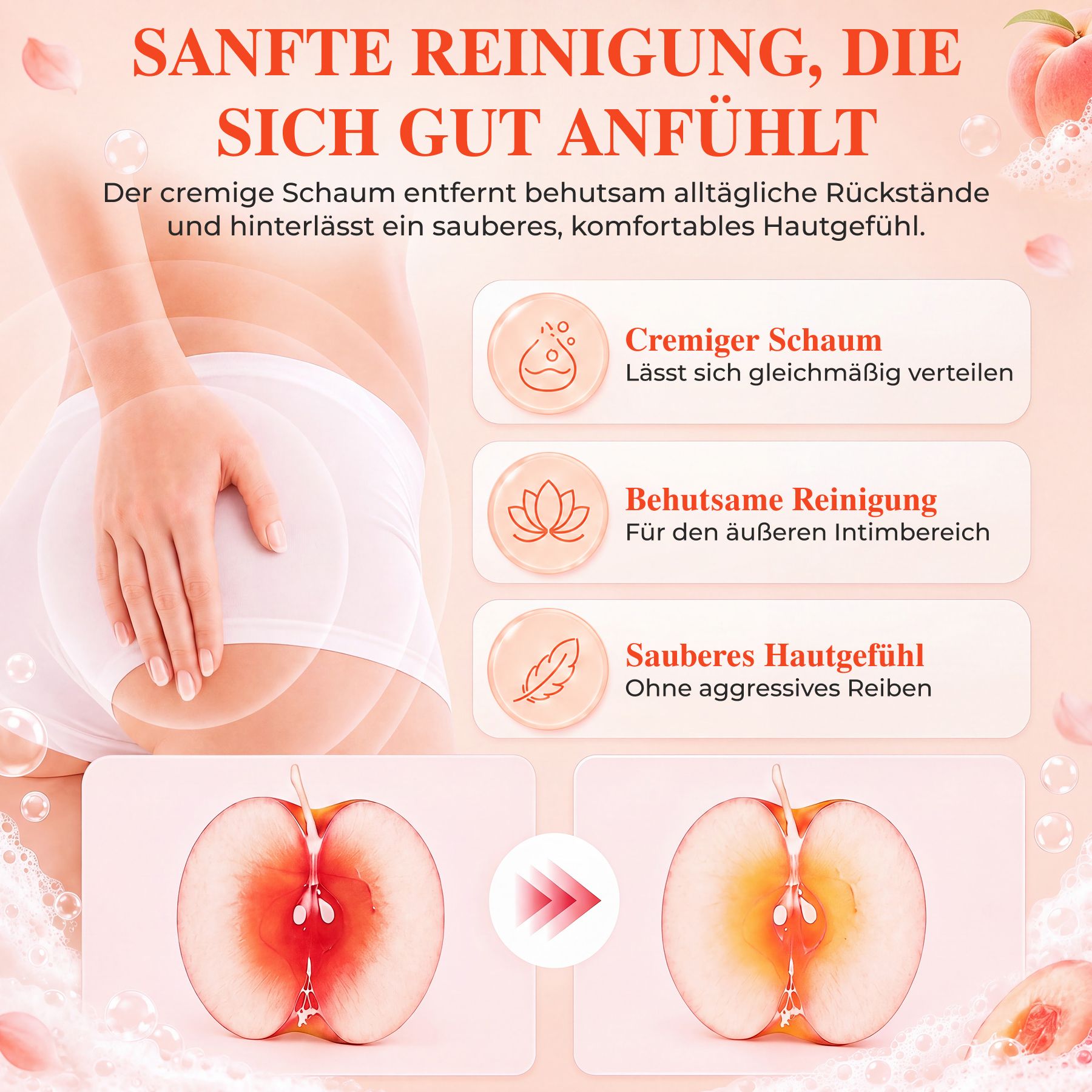 Milde reiniging voor de externe intieme zone met romig schuim.