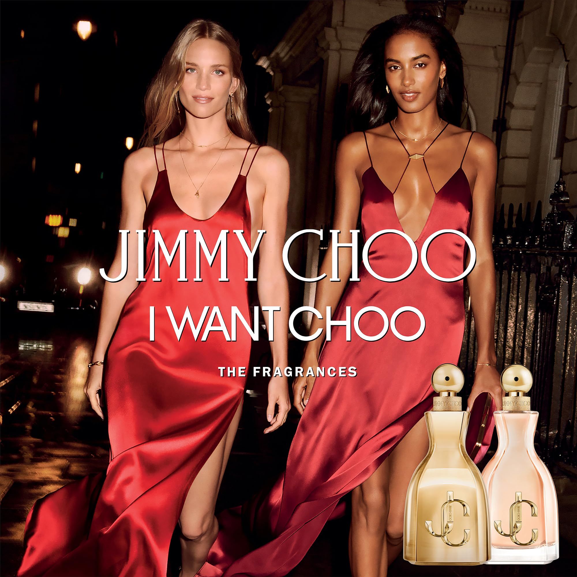 Twee vrouwen in rode jurken, naast parfumflesjes. Tekst: JIMMY CHOO, I WANT CHOO, THE FRAGRANCES.