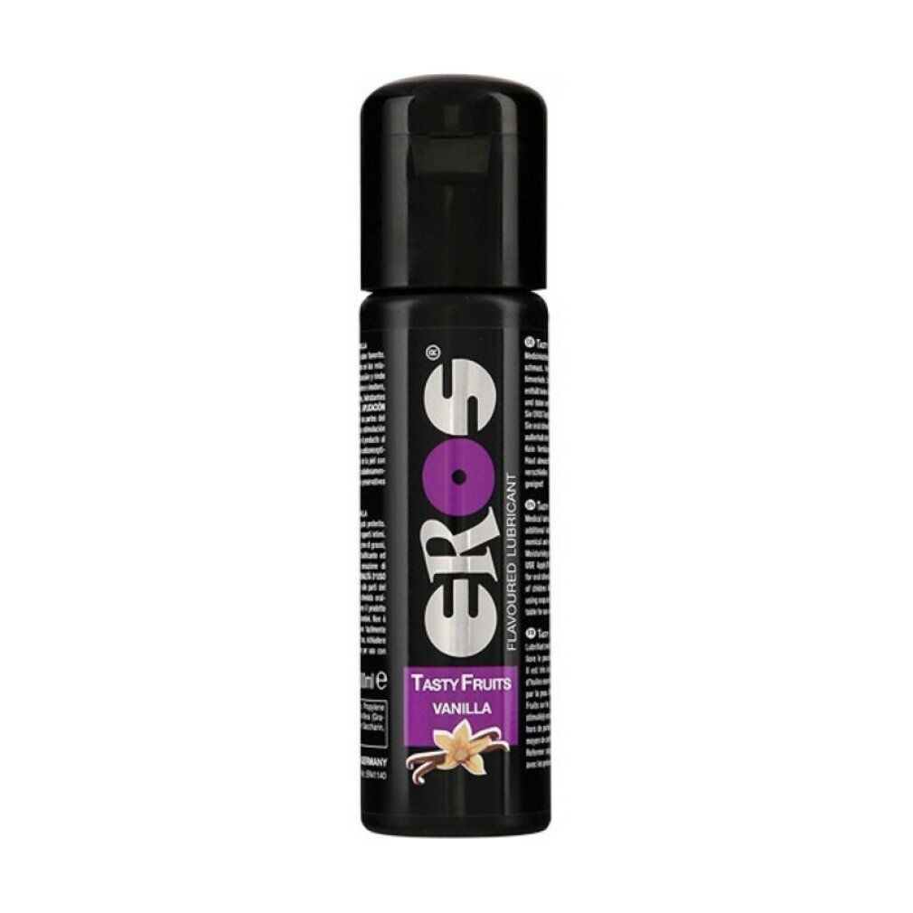 Flacon noir avec bouchon rabattable. Inscription EROS, Tasty Fruits Vanilla. Illustration d'une gousse de vanille.