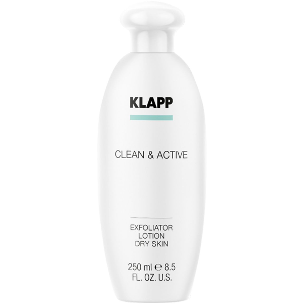 Witte fles Klapp Clean & Active Exfoliator Lotion Dry Skin. 250 ml. Witte dop. Tekst: 8.5 FL.OZ.U.S.