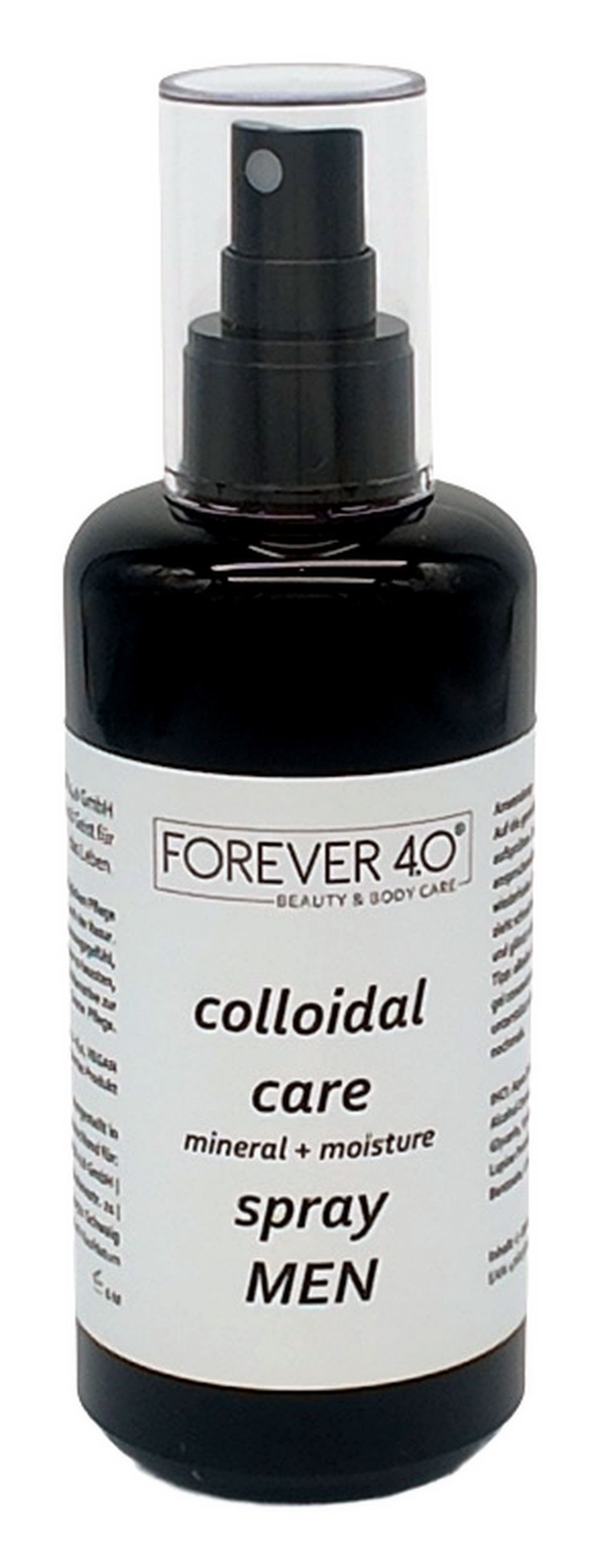 Flacon pulvérisateur noir avec étiquette blanche. Inscription: FOREVER 4.0, colloidal care, mineral + moisture spray MEN.