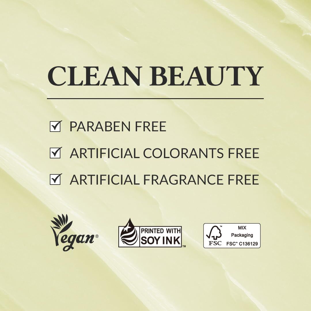 Texte: CLEAN BEAUTY. Trois cases à cocher. Logos: Vegan, Printed with Soy Ink, FSC Mix.