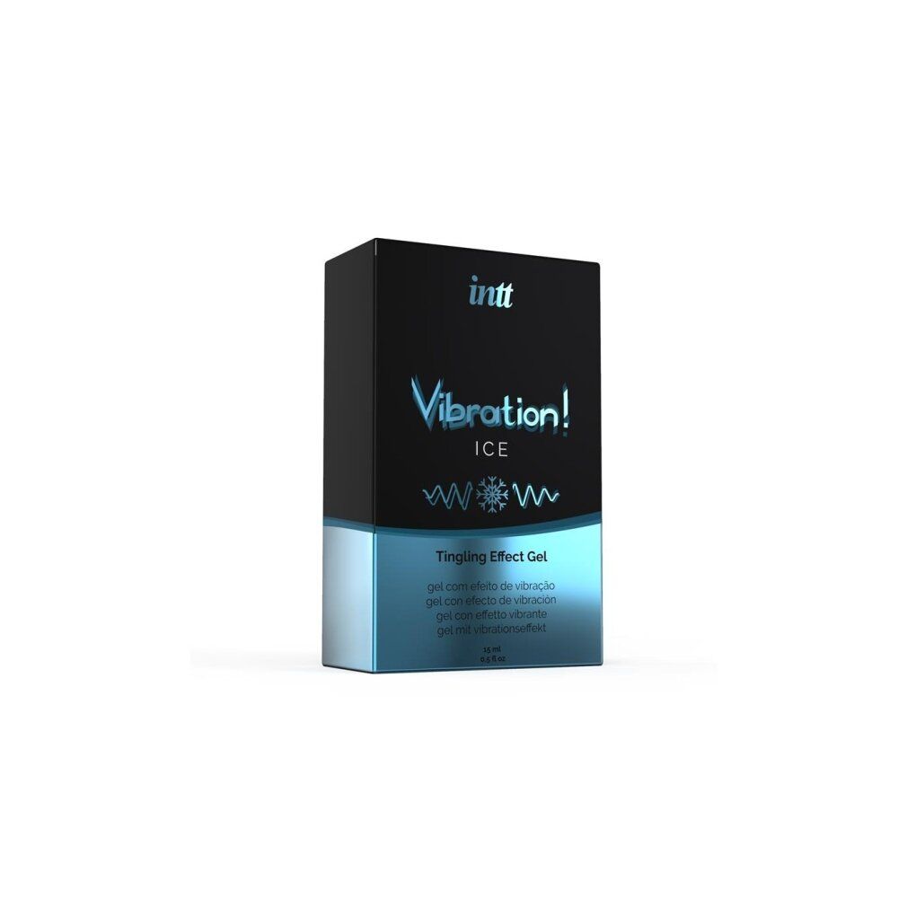 Zwarte productverpakking met INTT Vibration! ICE. Tingling Effect Gel. Blauwe accenten. Opschrift.