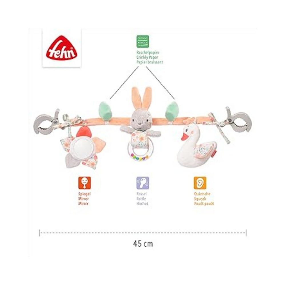 Chaîne de jouets avec lapin, canard, fleur et hochet. Longueur: 45 cm. Marque Fehn. Fonctions: miroir, hochet, papier bruissant.