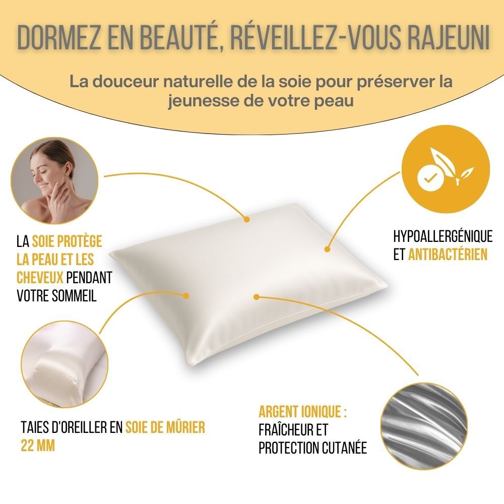Oreiller avec texte et graphiques. Texte : « Dormez bien, réveillez-vous rajeuni ». Taie d'oreiller en soie.