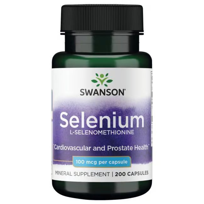 Flacon vert foncé avec étiquette blanche. Inscription: SWANSON, Sélénium L-Sélénométhionine, 100 mcg par capsule. 200 capsules.