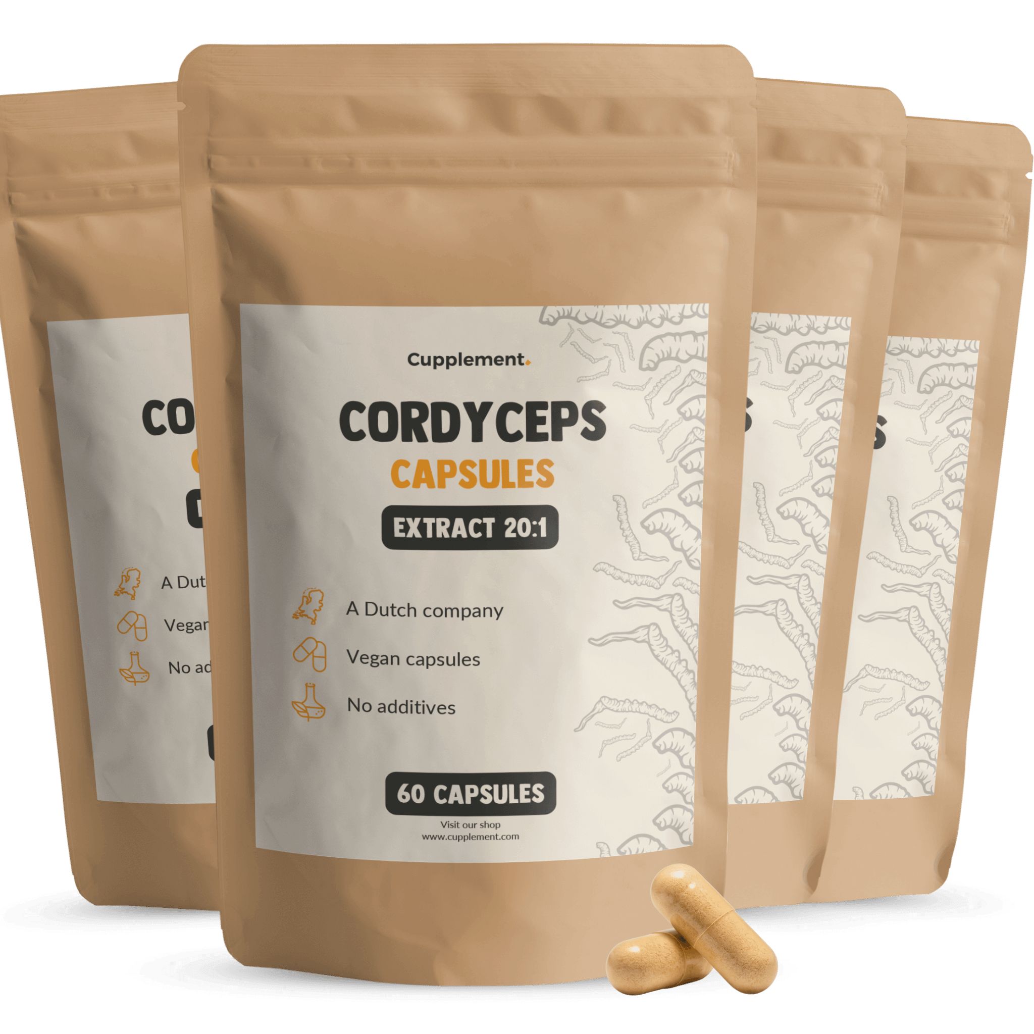 Zakjes met Cordyceps capsules. Opschrift: Cordyceps Capsules Extract 20:1. 60 capsules. Bruine capsules ernaast.