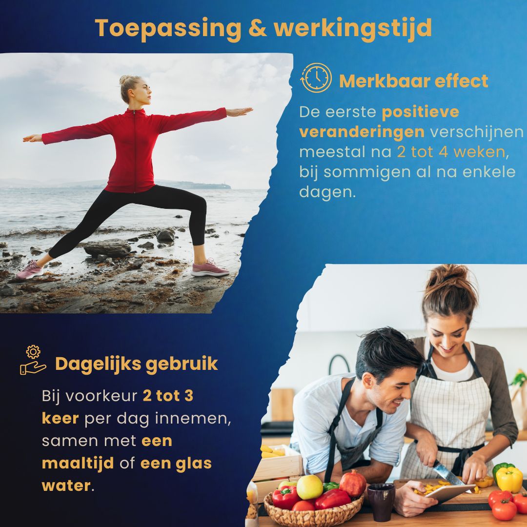 Gebruik & duur. Vrouw doet yoga. Koppel kookt. Effect na 2-4 weken. Dagelijks 2-3 keer met maaltijd of water innemen.