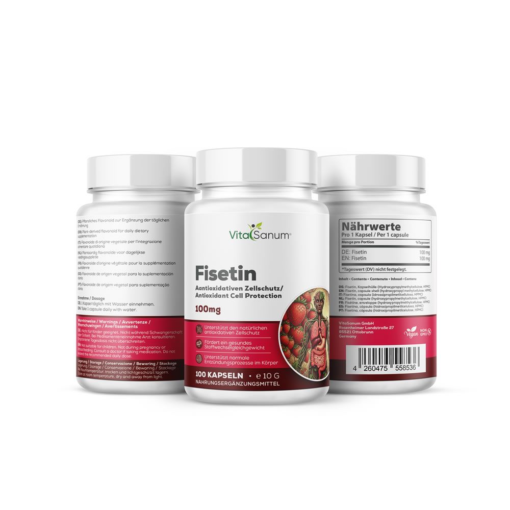 Drie witte flessen met capsules. Opschrift: VitaSanum, Fisetin, 100mg. Achterkant met voedingswaarde-informatie.