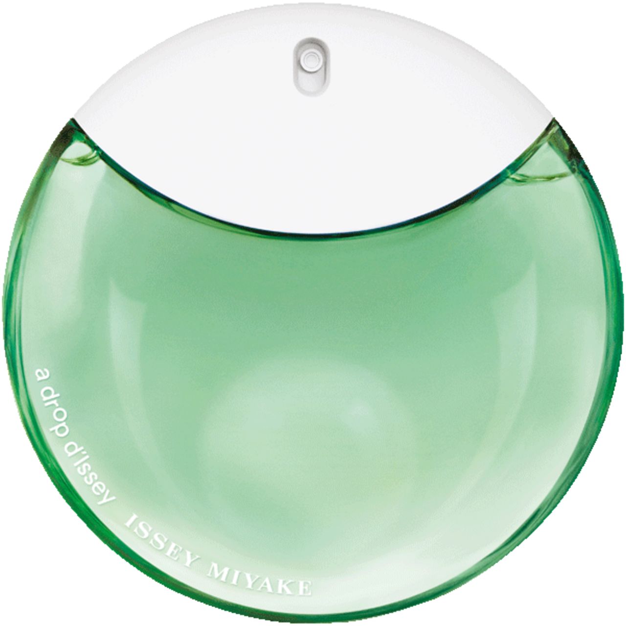 Ronde flacon met groene vloeistof en witte dop. Opschrift: a drop d'Issey, ISSEY MIYAKE.