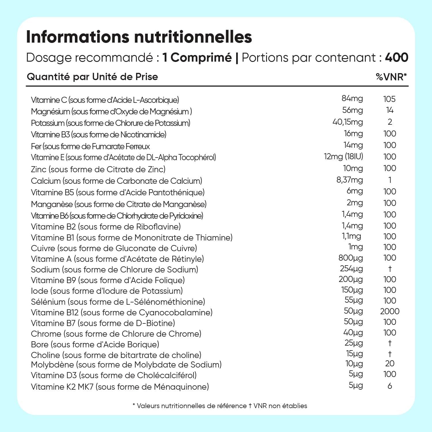 Bouteille de Multivitamines et Minéraux avec tableau nutritionnel en français.