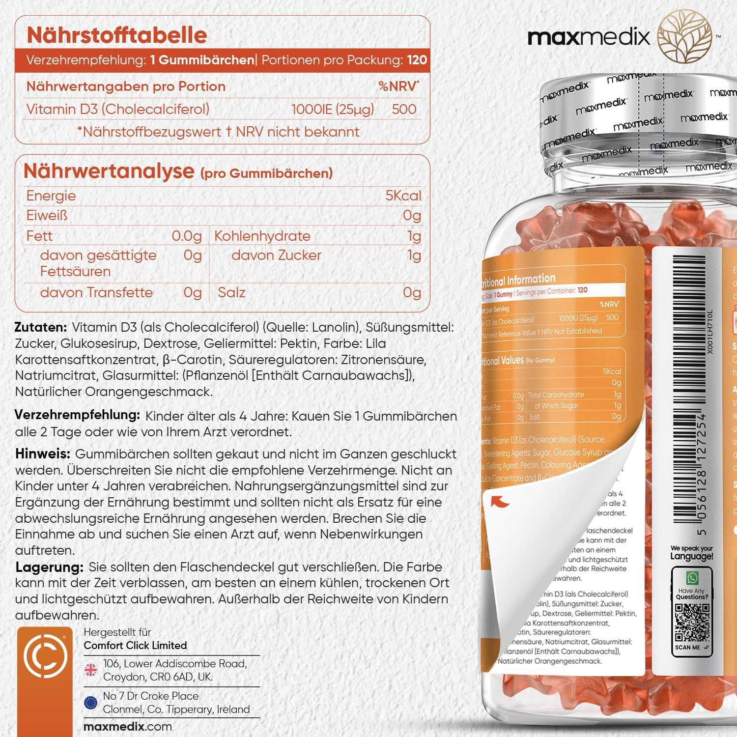 Tableau nutritionnel des gummies Vitamine D3. Texte : maxmedix. Ingrédients, recommandations, analyse nutritionnelle, stockage.