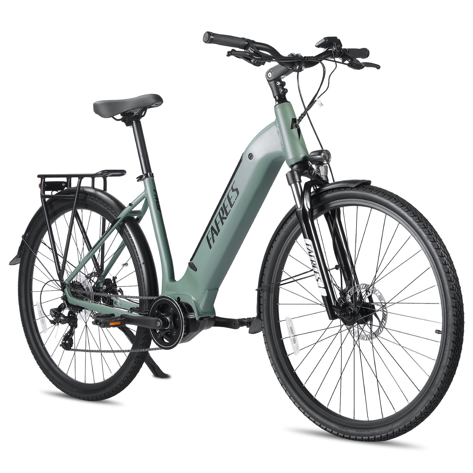 Vélo électrique de trekking vert avec porte-bagages. Pneus et composants noirs. Marque FAFREES.