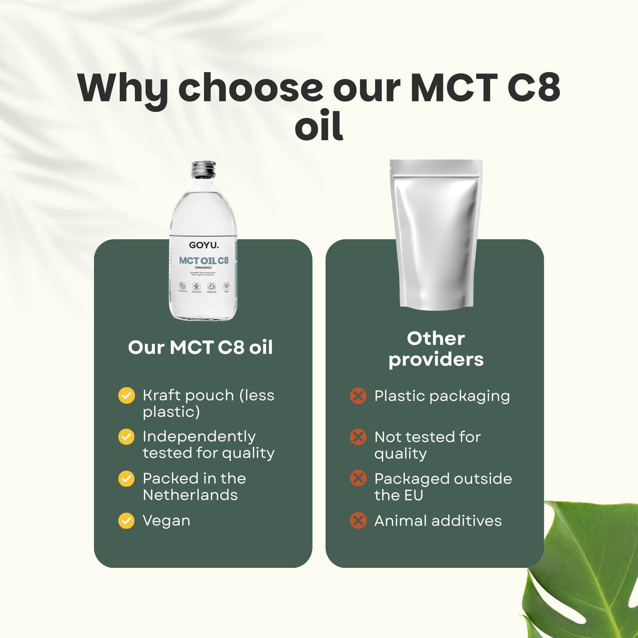 Comparaison de l'huile MCT C8. Notre huile MCT C8 : sachet en papier kraft, végétalien. Autres : emballage plastique.