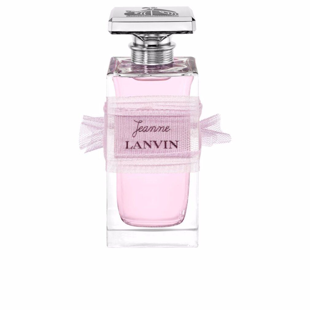 Glazen fles met roze vloeistof. Zilveren sluiting. Roze lint met Jeanne LANVIN.
