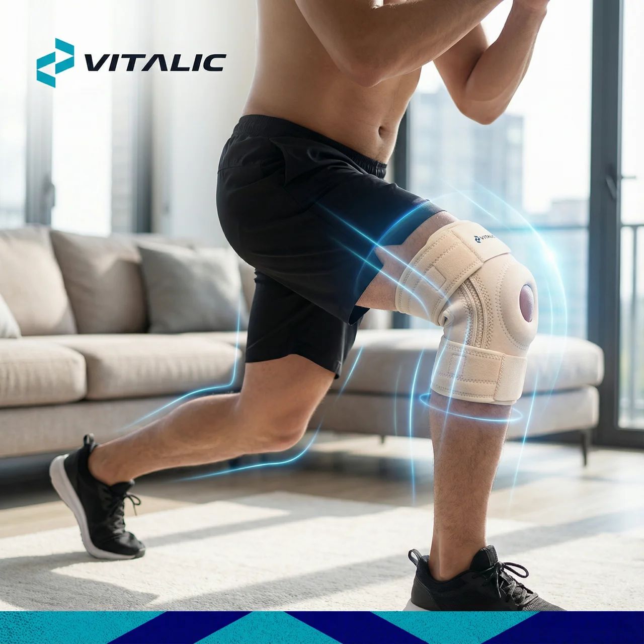 Genouillère beige sur une jambe en mouvement. Logo VITALIC en haut à gauche.