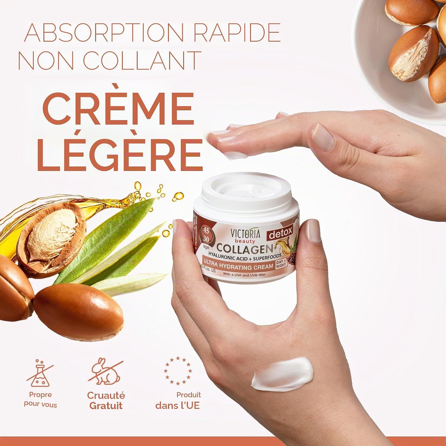 Pot de crème au collagène Victoria Beauty, texture légère et non collante.