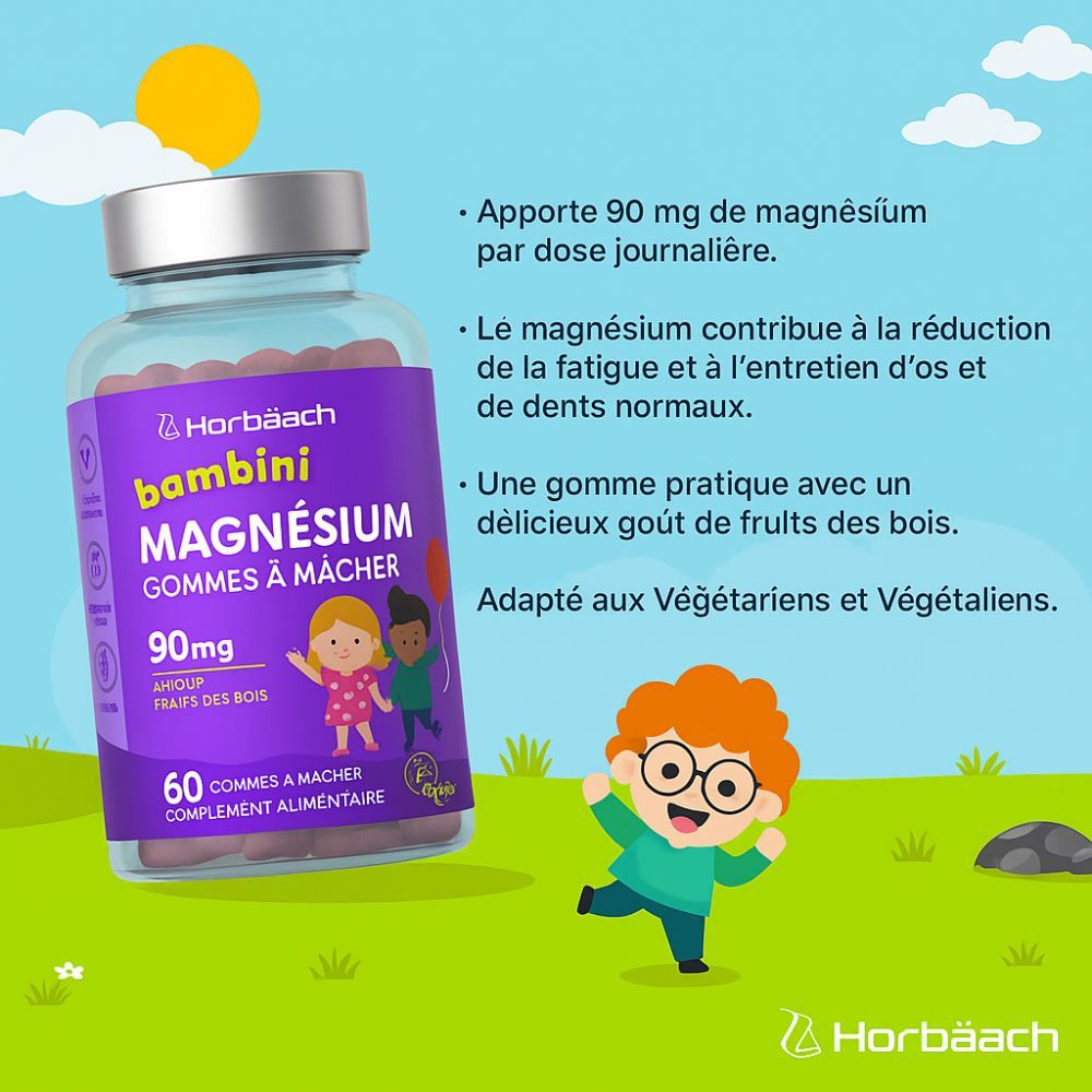 Horbaach Kinder Magnesium Gummies. Flacon violet avec bonbons gélifiés. 60 gommes, 90mg, goût fraise. Vegan.