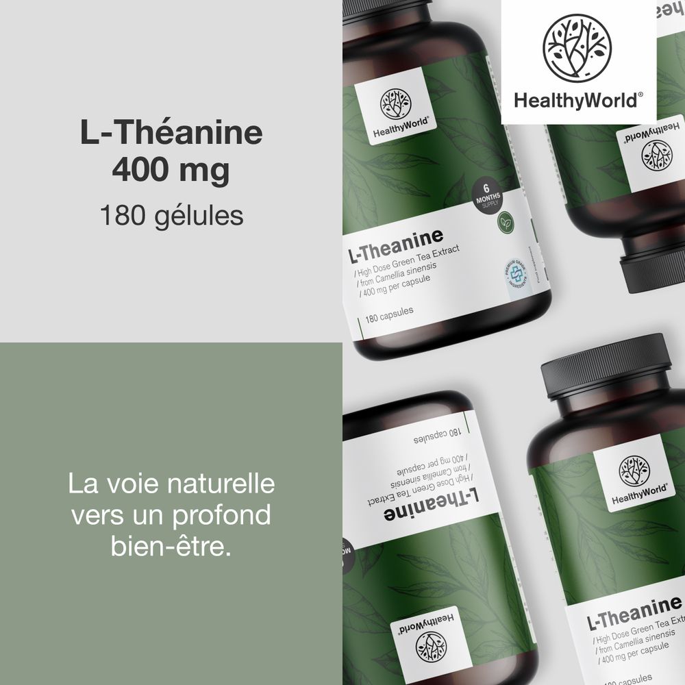 Plusieurs flacons avec gélules. Inscription : L-Théanine, 400 mg, 180 gélules. Marque : HealthyWorld.