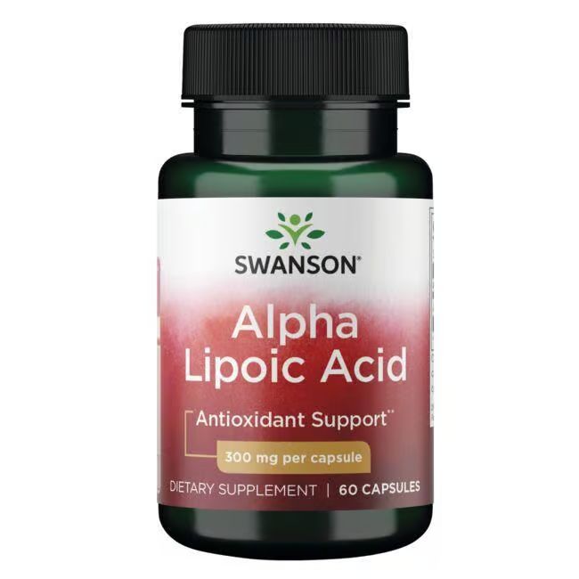 Flacon vert, bouchon noir. Étiquette "SWANSON Alpha Lipoic Acid", 300 mg par capsule. 60 capsules.