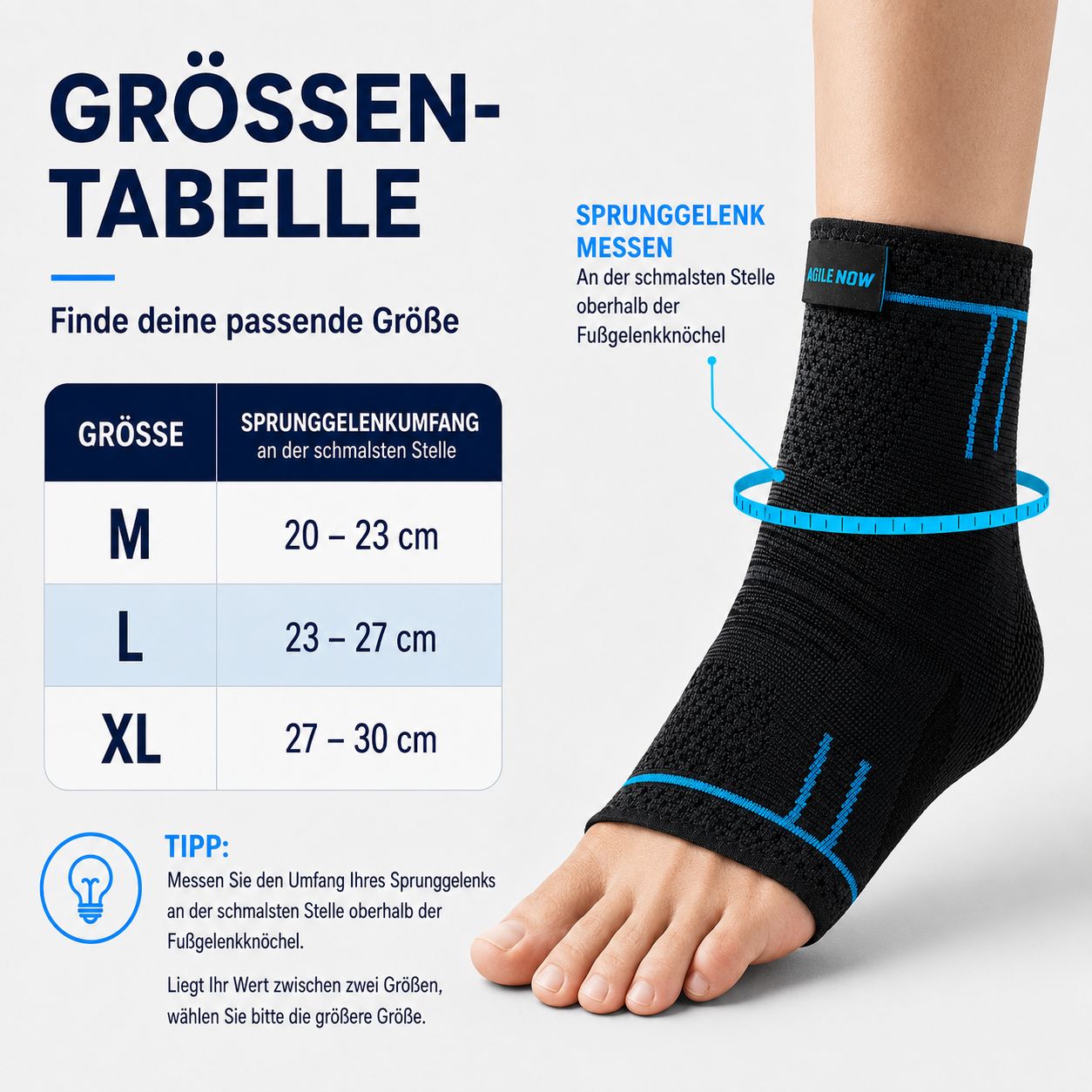 Maattabel voor enkelbraces met afmetingen en meetinstructies.