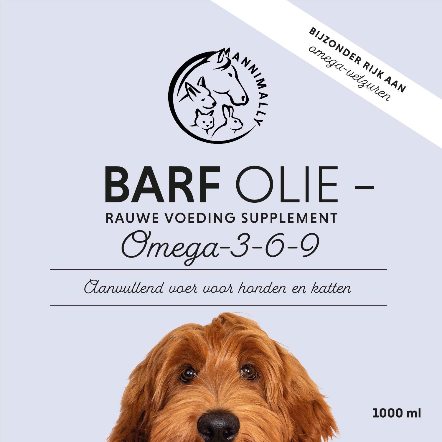 Productlabel met tekst: Olie BARF - Omega 3-6-9. Aanvullend diervoeder voor honden en katten. 1000 ml. Hondenafbeelding.