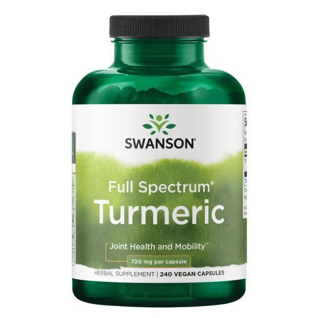 Flacon vert avec bouchon noir. Inscription: SWANSON, Full Spectrum Turmeric, 720 mg par capsule. 240 gélules végétales.