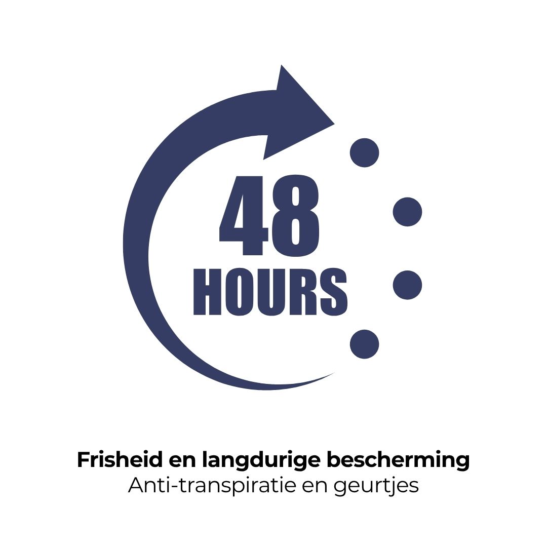 Cirkelvormig symbool met pijl en tekst: 48 HOURS. Frisheid en langdurige bescherming. Anti-transpiratie & geurtjes.