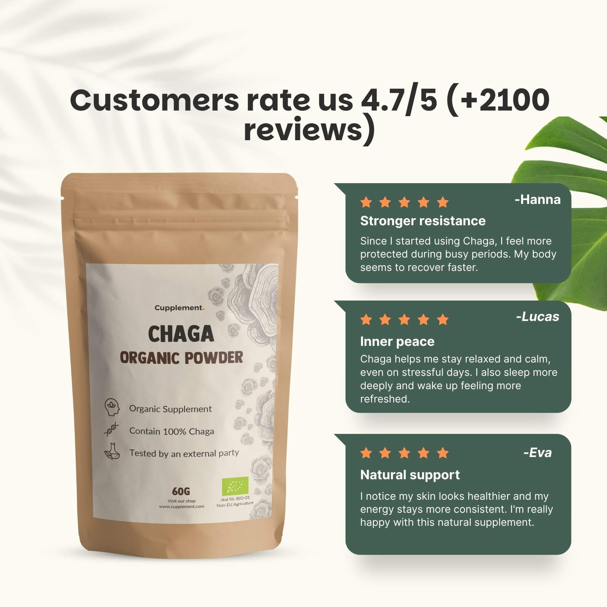 Sachet de Chaga Organic Powder. Avis clients: 4,7/5. Citations de clients. Texte: 60g. Avec logo bio UE.