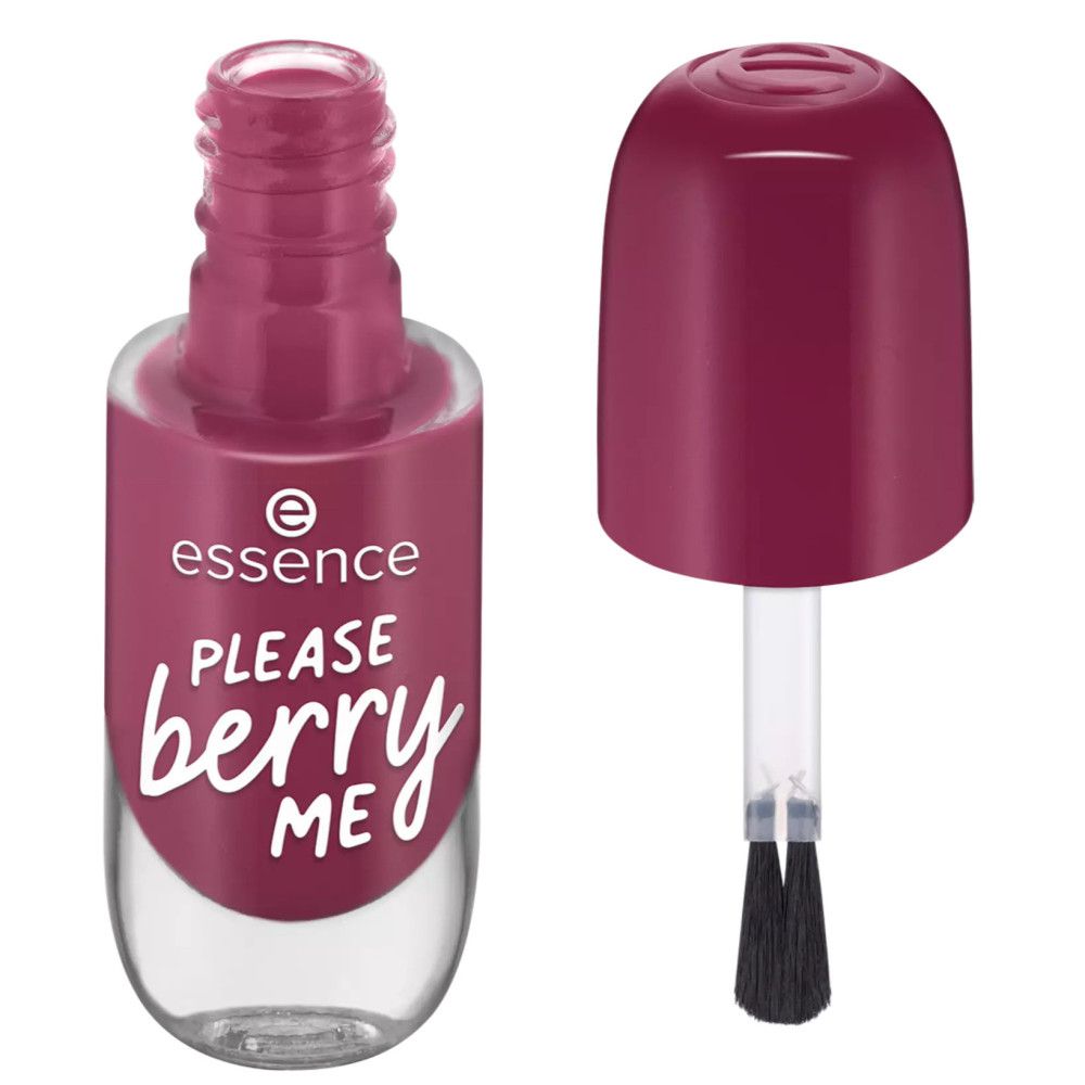 Flacon de vernis à ongles ouvert avec pinceau. Flacon avec produit et inscription 'PLEASE berry ME'.