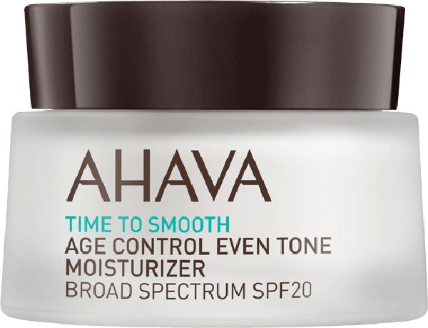 AHAVA Age Control Even Tone Moisturizer SPF 20. Pot en verre avec couvercle marron.
