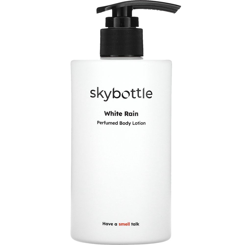 Witte SKYBOTTLE bodylotion fles met zwarte pomp. Opschrift: White Rain, Perfumed Body Lotion. Slogan: Have a smell talk.