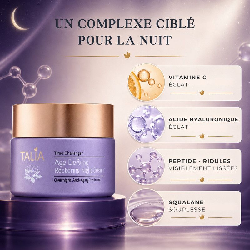 Pot de crème de nuit 'Talia Time Challenger Age Defying Restoring Night Cream'.