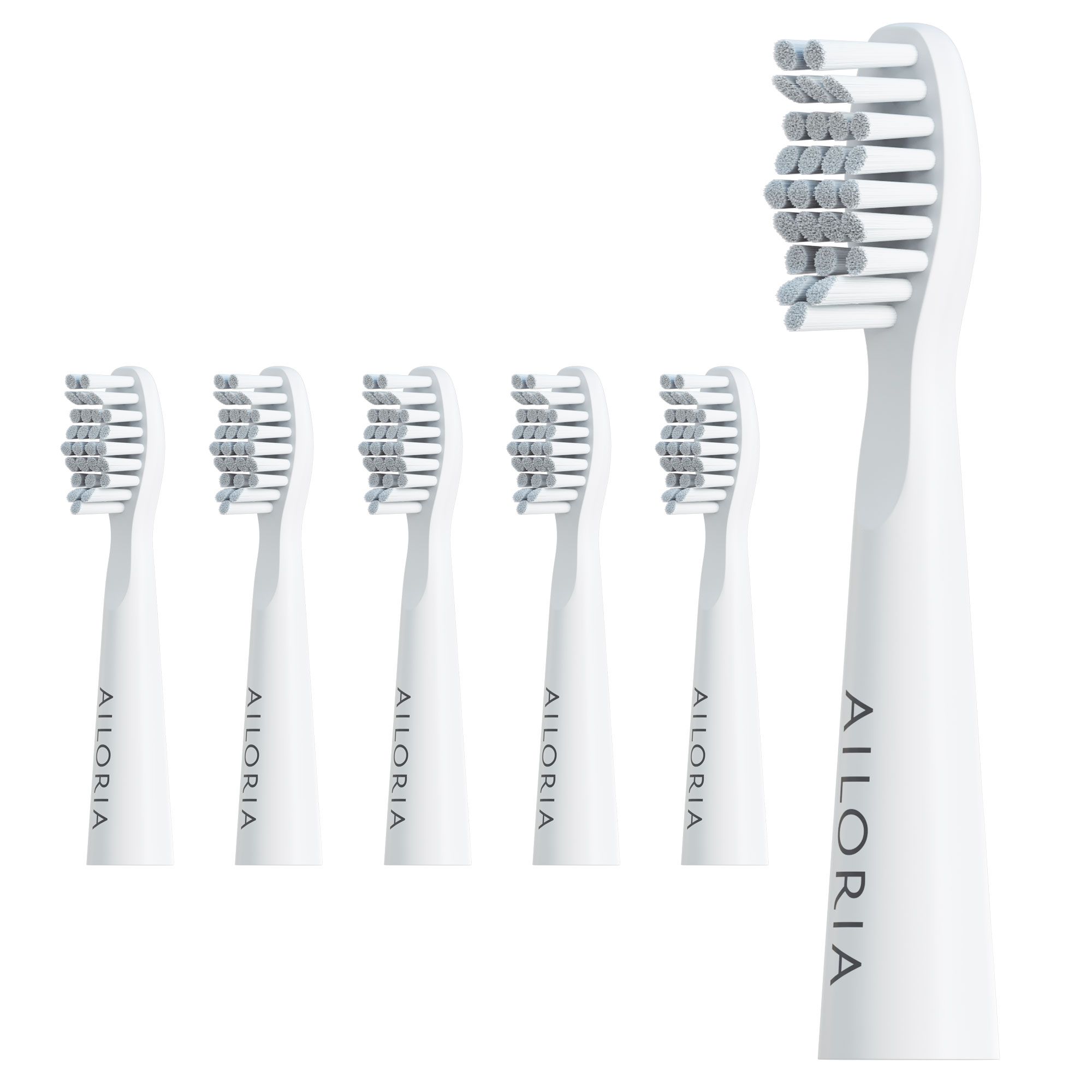 Têtes de brosse à dents blanches avec poils gris. Logo AILORIA. Six têtes, une au premier plan.