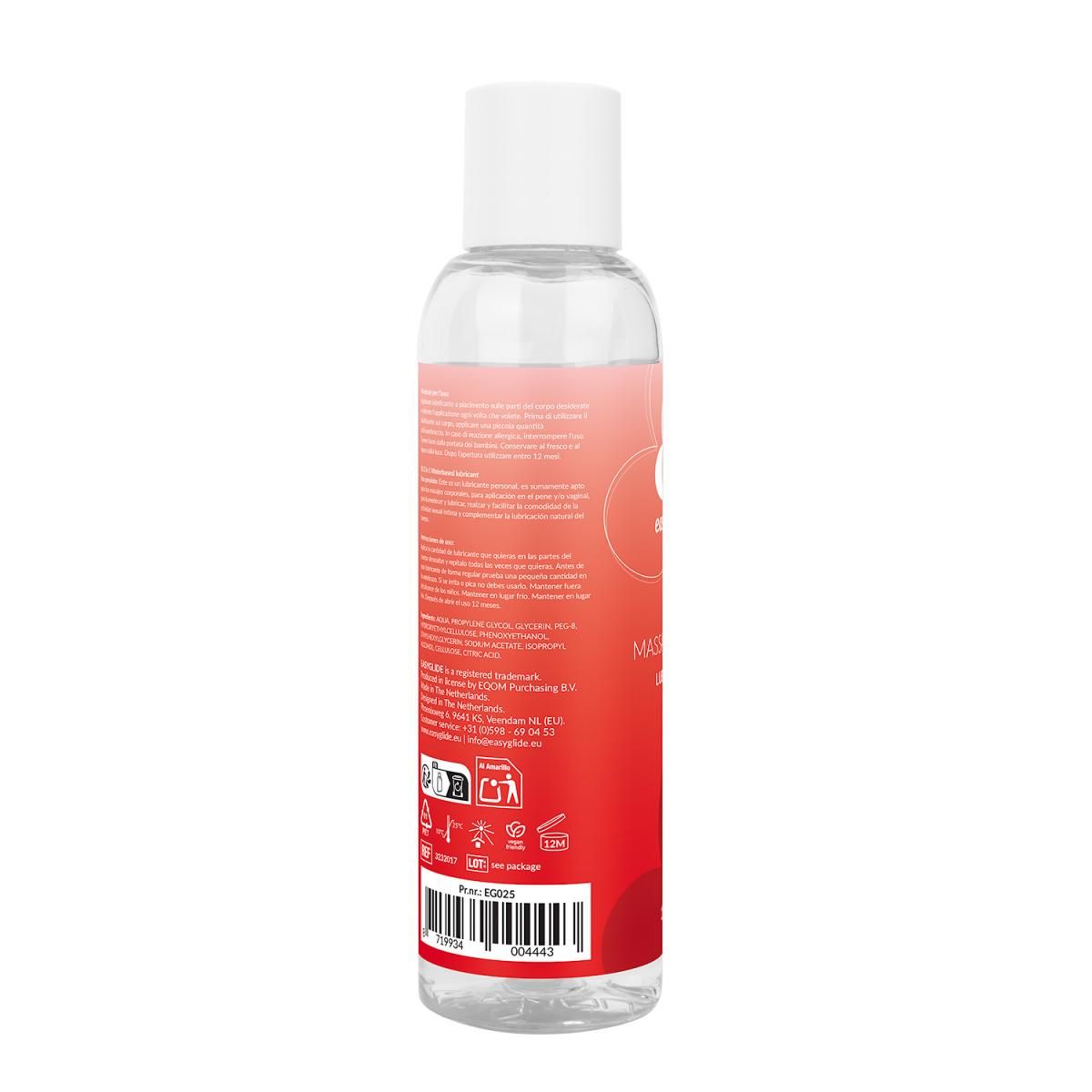 Arrière du flacon de lubrifiant de massage EasyGlide 2 en 1 avec informations produit et symboles.