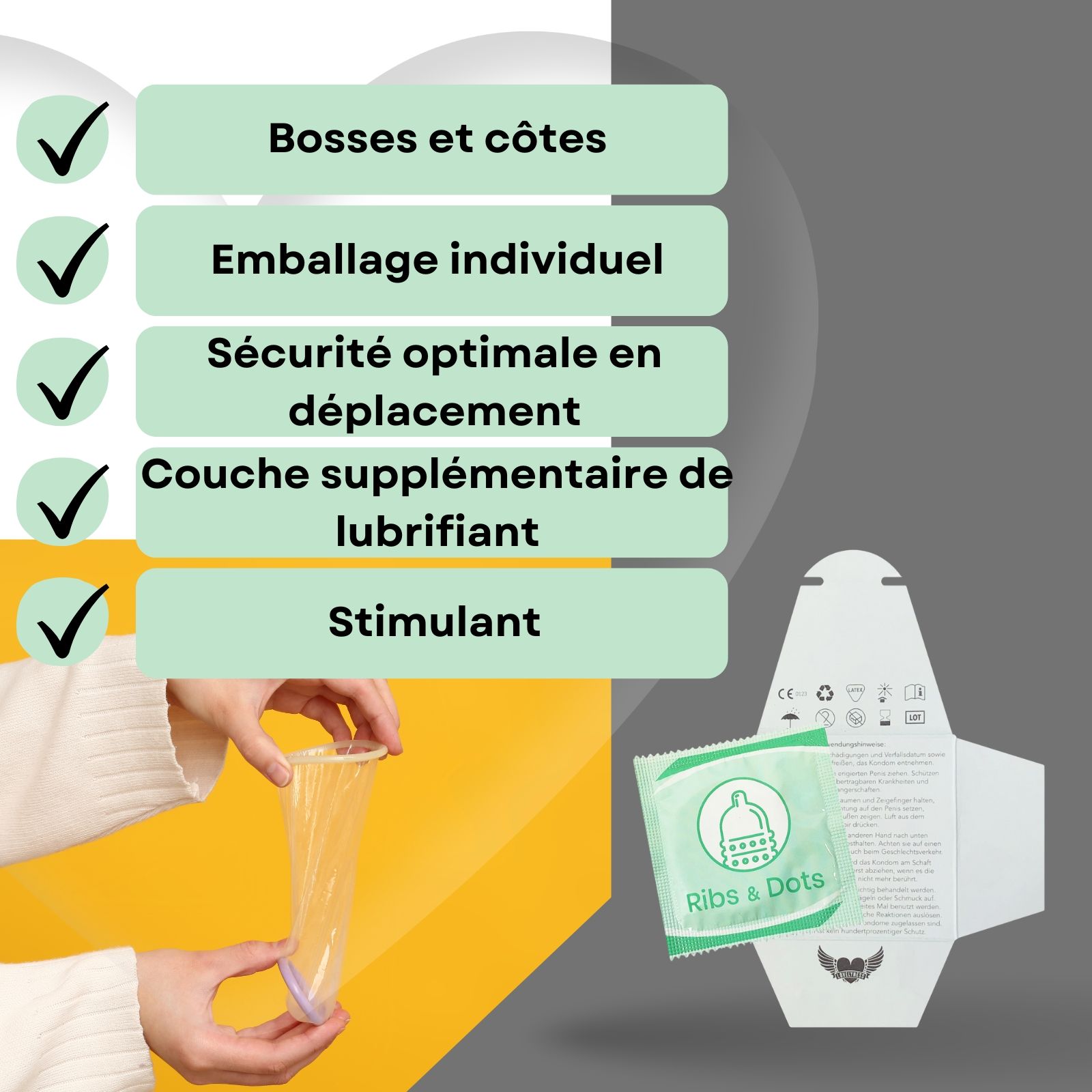 Préservatif emballé individuellement. Inscription : Ribs & Dots. Logo : cœur ailé. Texte : Avec picots et nervures.