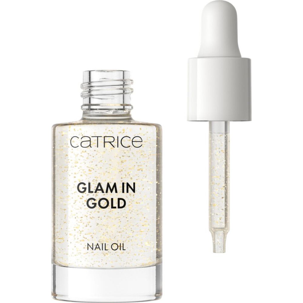 Huile pour ongles Catrice Glam in Gold. Flacon ouvert avec pipette. Liquide transparent avec paillettes dorées. Nom du produit visible.