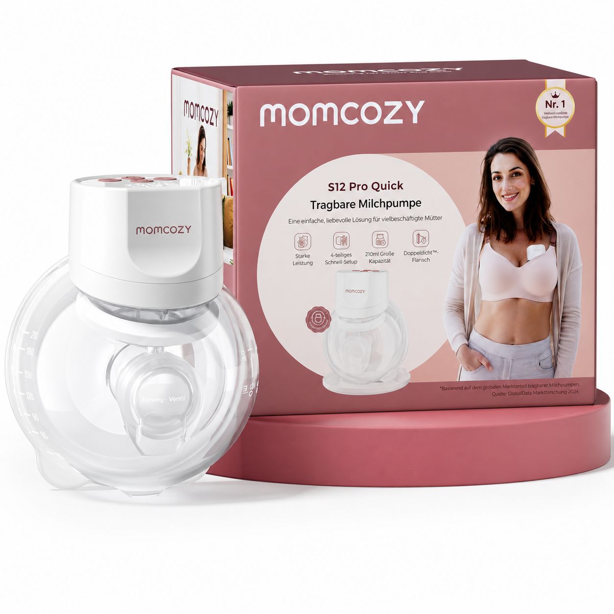Tire-lait Momcozy S12 Pro Quick avec accessoires et emballage.