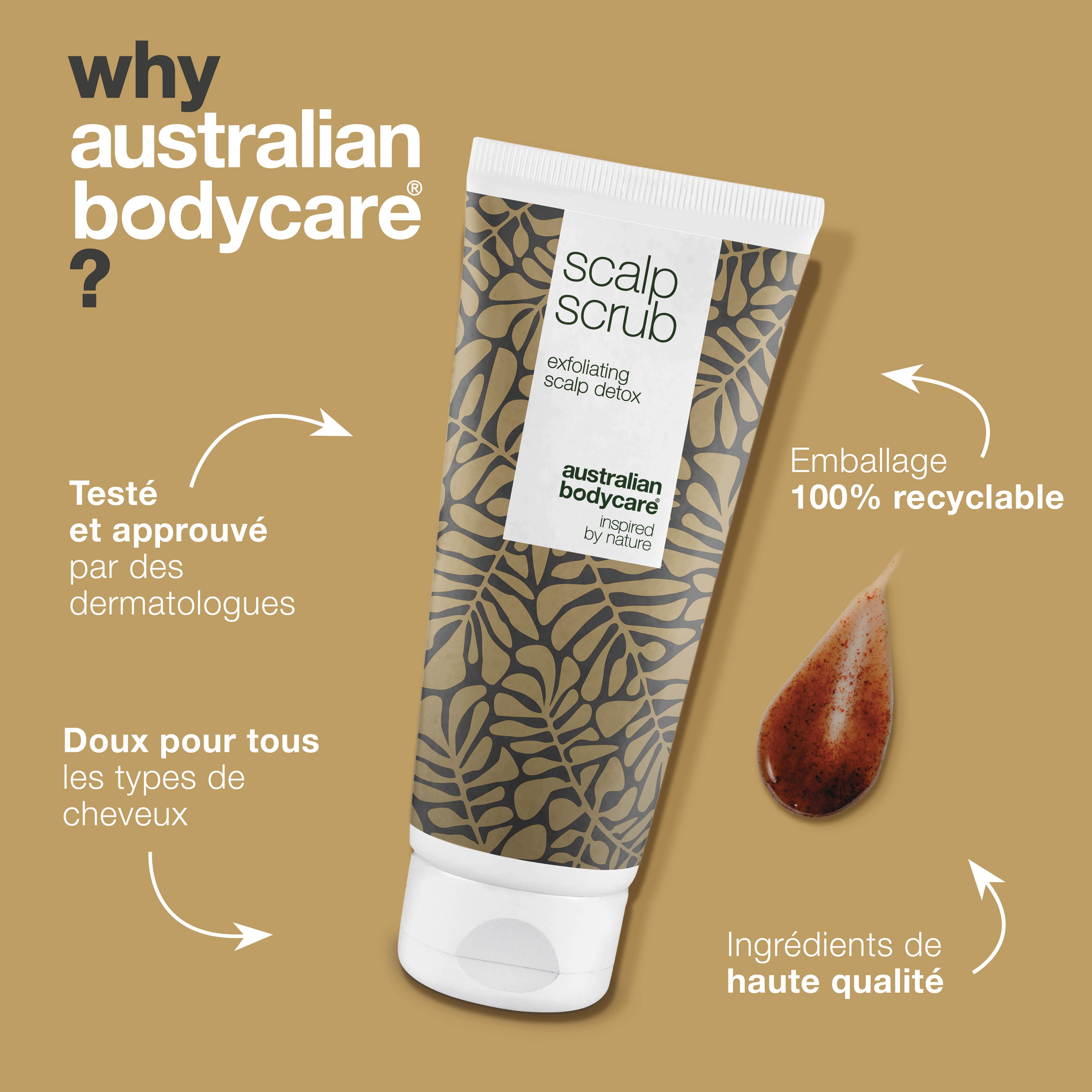 Tube de produit. Texte : Pourquoi Australian Bodycare ? Testé et approuvé par des dermatologues. Emballage 100% recyclable.