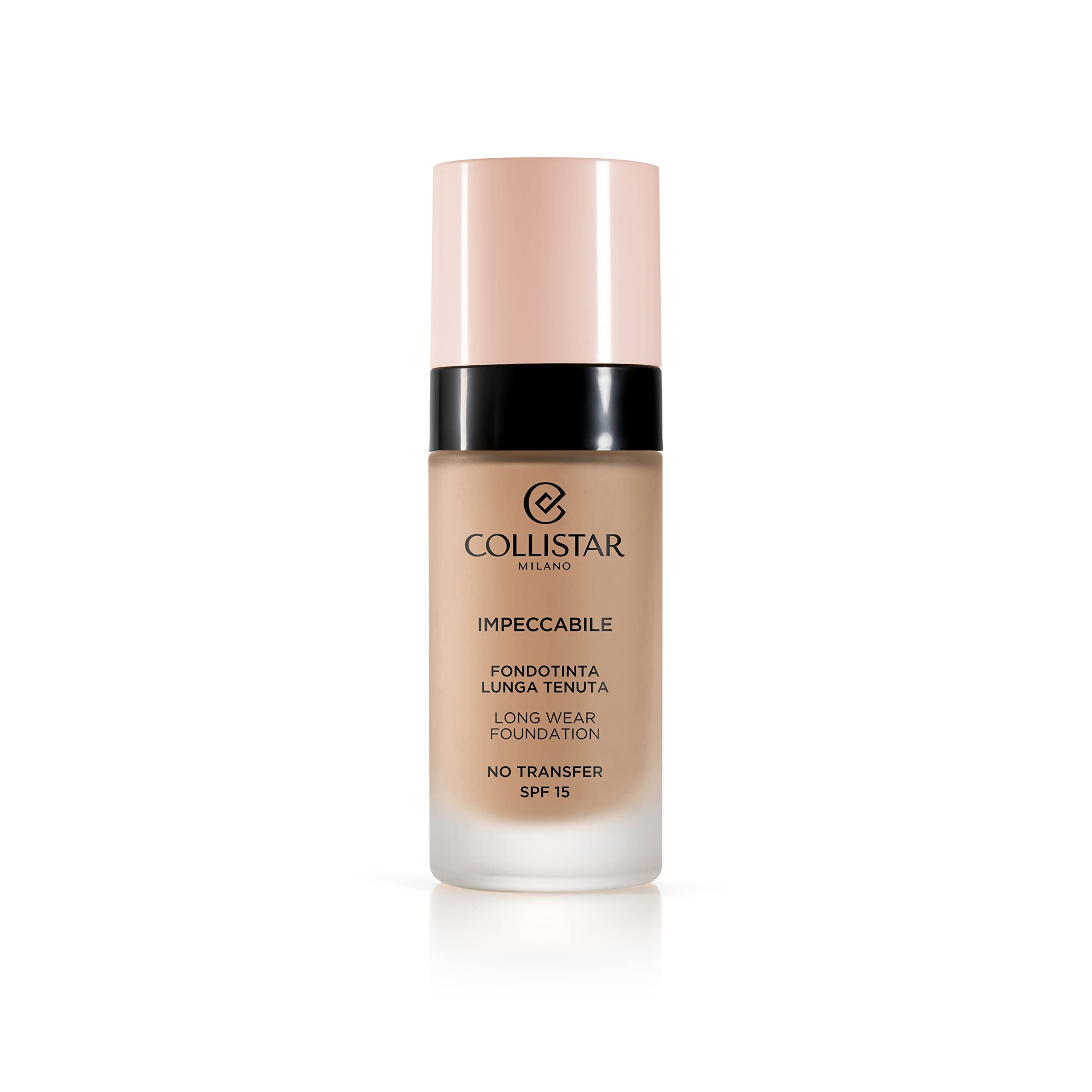 Foundationflesje. Roze dop, zwarte ring, transparante basis. Opschrift: Collistar, Impeccabile, Fondotinta Lunga Tenuta, Long Wear Foundation, SPF 15.