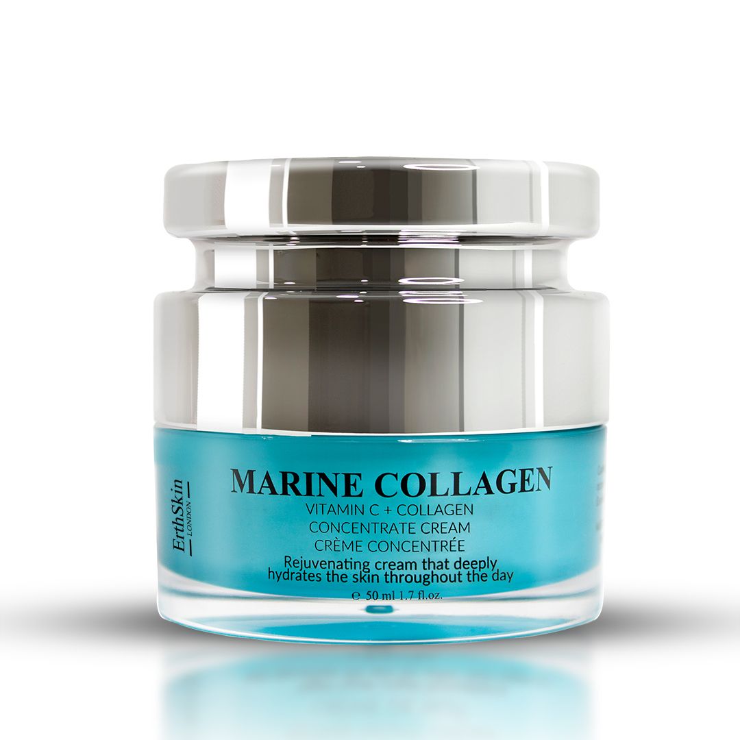 Pot de crème avec couvercle argenté. Inscription : Marine Collagen, Vitamine C + Collagène, Crème concentrée. Crème turquoise visible.