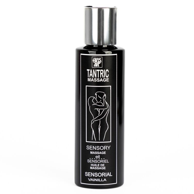 Fles sensorische massageolie, vanille. Met afbeelding van een stel.