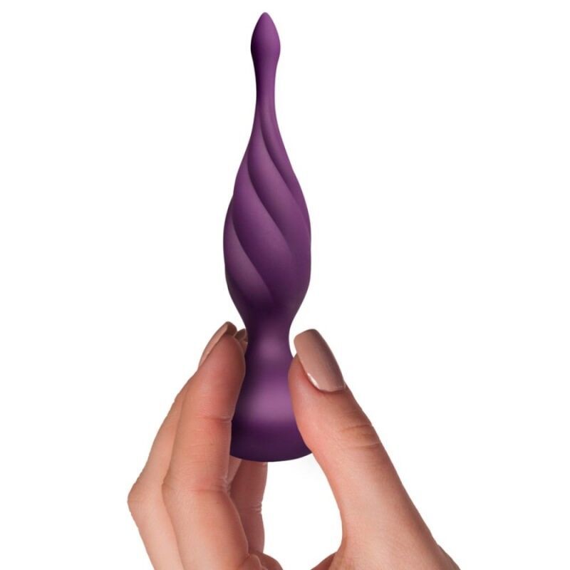 Vibrateur violet avec texture en spirale et extrémité effilée.