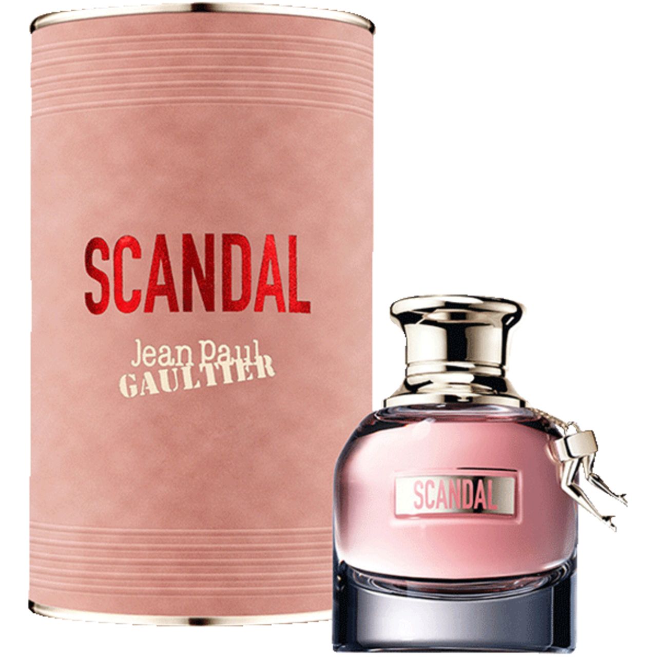 Emballage cylindrique et flacon. Inscription "SCANDAL" et "Jean Paul Gaultier". Flacon avec jambes dorées.