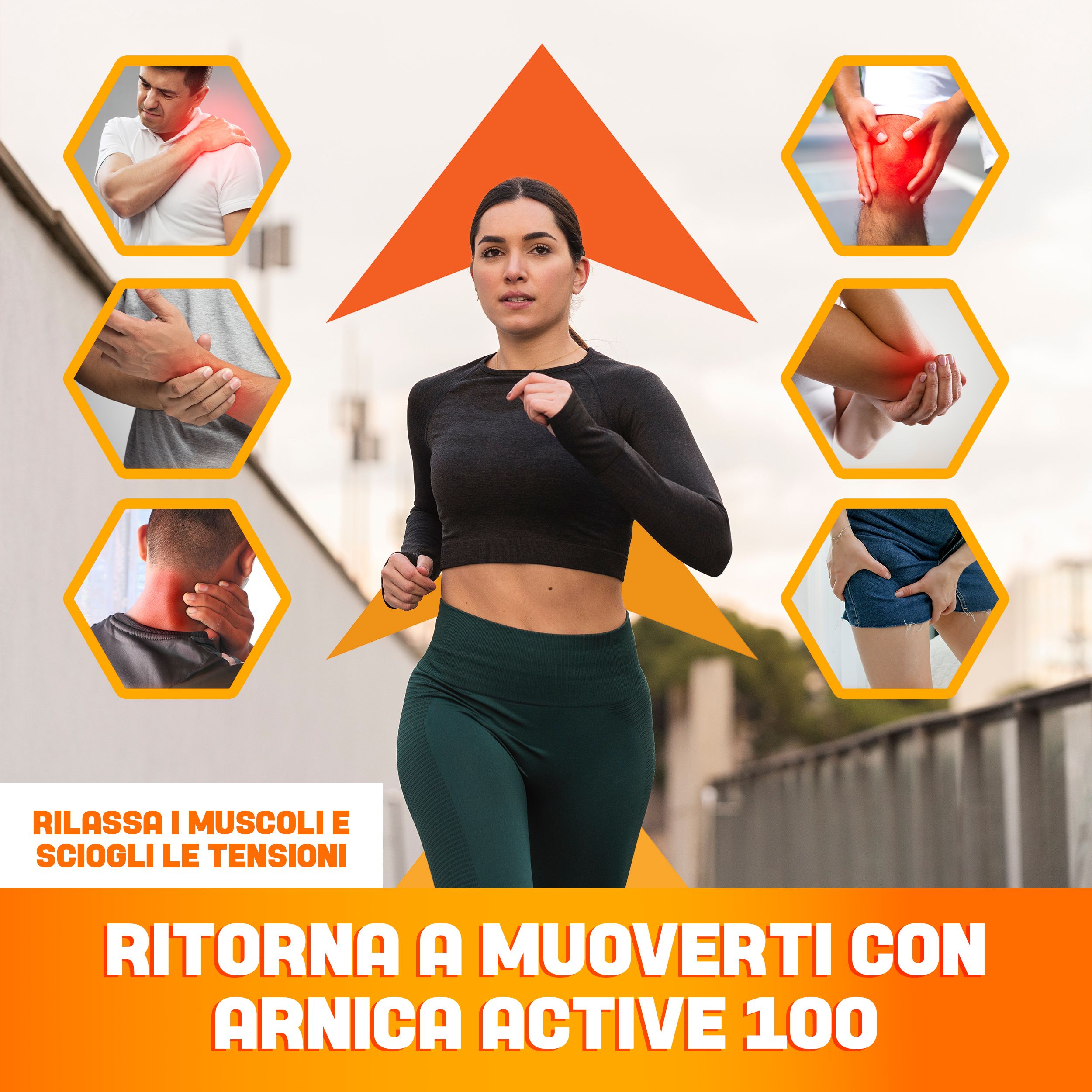 Hardloopster op oranje achtergrond. Tekst: RILASSA I MUSCOLI E SCIOGLI LE TENSIONI. RITORNA A MUOVERTI CON ARNICA ACTIVE 100.